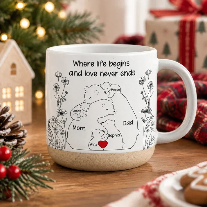 Pottery Mug with Where Life Begins Quote and Nestled Bears, Personalized Creative Gift for Family