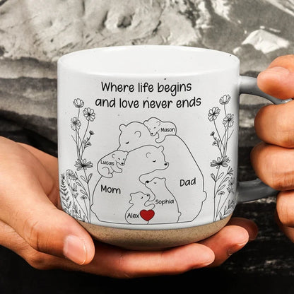 Pottery Mug with Where Life Begins Quote and Nestled Bears, Personalized Creative Gift for Family
