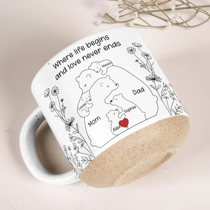Pottery Mug with Where Life Begins Quote and Nestled Bears, Personalized Creative Gift for Family