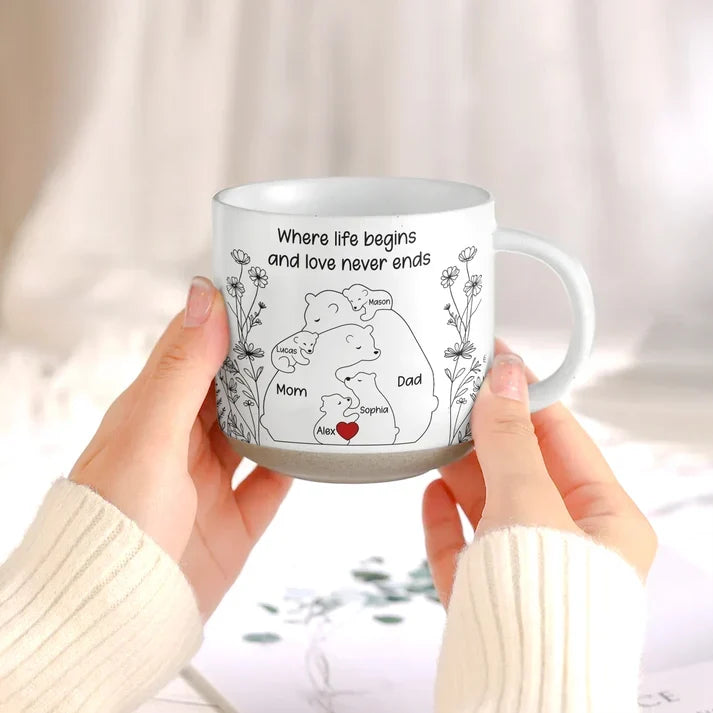 Pottery Mug with Where Life Begins Quote and Nestled Bears, Personalized Creative Gift for Family