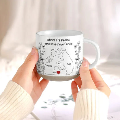 Pottery Mug with Where Life Begins Quote and Nestled Bears, Personalized Creative Gift for Family