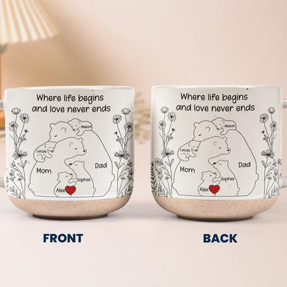 Pottery Mug with Where Life Begins Quote and Nestled Bears, Personalized Creative Gift for Family
