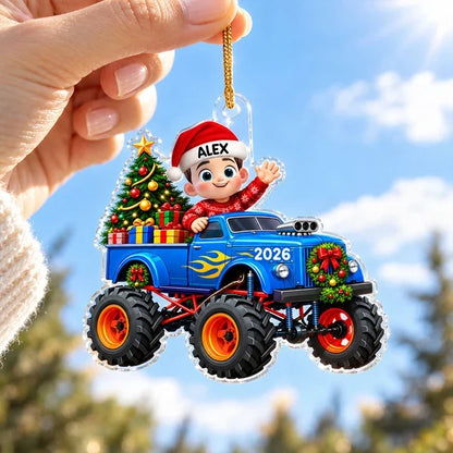 Personalized Acrylic Ornament, Waving Kid in Blue Monster Truck, Colorful Christmas Tree Decor, Unique Gift for Kids