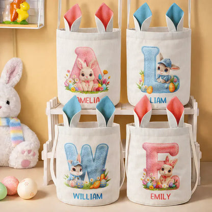 Personalized Bunny Ears Bucket Bag with Alphabet Patch, Cute Easter Bunny Scene, Unique Gift for Kids