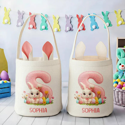 Personalized Bunny Ears Bucket Bag with Alphabet Patch, Cute Easter Bunny Scene, Unique Gift for Kids