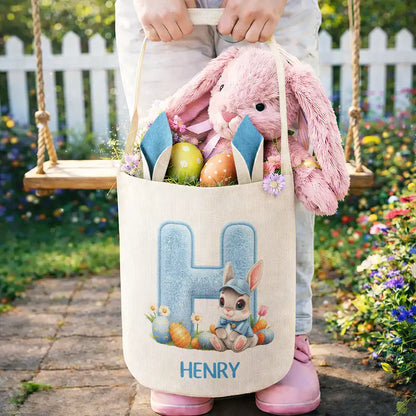 Personalized Bunny Ears Bucket Bag with Alphabet Patch, Cute Easter Bunny Scene, Unique Gift for Kids