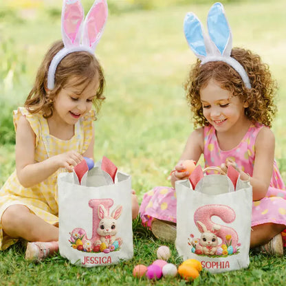 Personalized Bunny Ears Bucket Bag with Alphabet Patch, Cute Easter Bunny Scene, Unique Gift for Kids