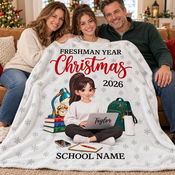 Personalized Fleece Blanket, Freshman Student Studying With Laptop, Unique Christmas Gift