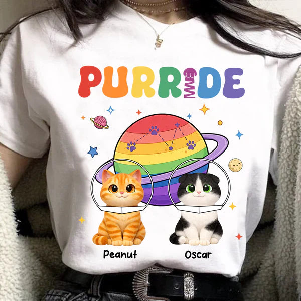 Personalized Purride Cat Classic Tee With Rainbow Space Cats, Unique Gift For Cat Lovers