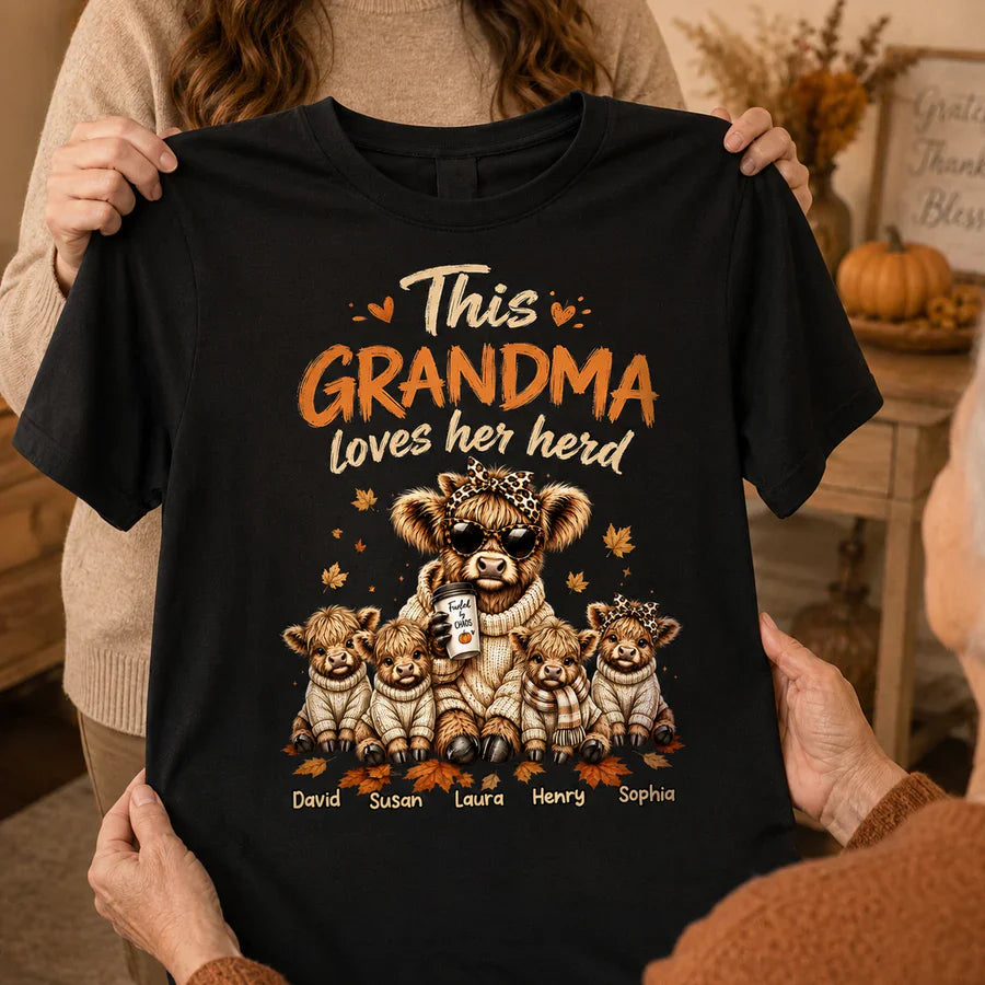 Personalized Grandma Classic Tee, Highland Cow Herd Design, Fall Leaves, Unique Gift for Grandma