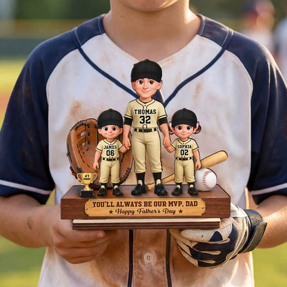 Personalized 2-Layer Wooden Plaque, Baseball Dad & Kids Holding Hands, Unique Father's Day Gift for Dad