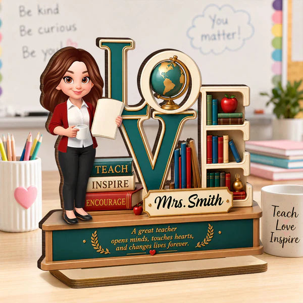 Personalized 2-Layer Wooden Plaque with Standing Teacher, Books & Globe, Unique Teacher Gift