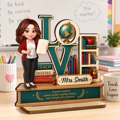 Personalized 2-Layer Wooden Plaque with Standing Teacher, Books & Globe, Unique Teacher Gift