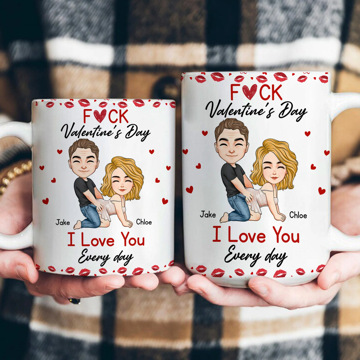 Ceramic Mug With Playful Valentine Hearts and Kiss Prints, Personalized Couple Gift, Funny Romantic Daily Coffee Surprise
