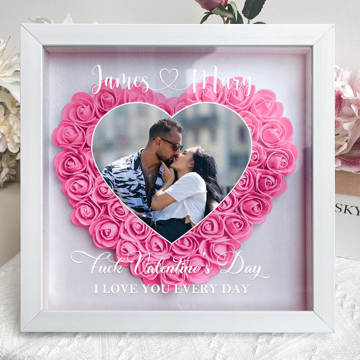 Personalized Flower Shadow Box with Heart Photo for Kissing Couple Romantic Home Display Unique Gift for Wife or Husband