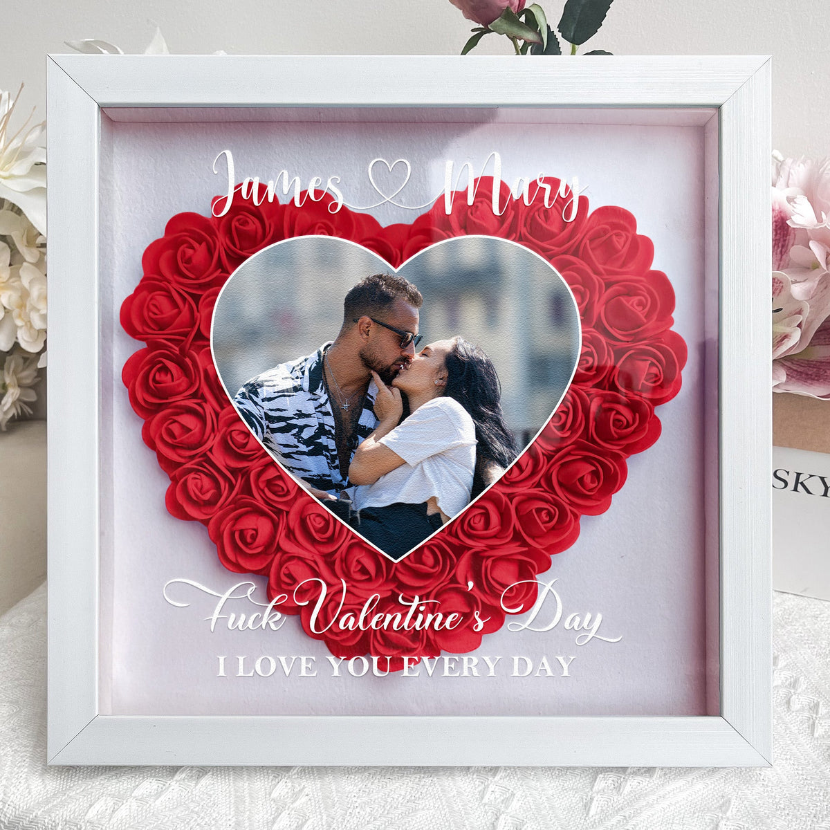 Personalized Flower Shadow Box with Heart Photo for Kissing Couple Romantic Home Display Unique Gift for Wife or Husband