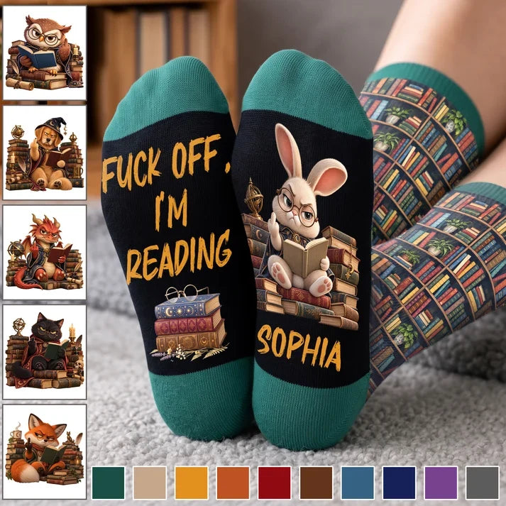 Personalized Crew Socks with Reading Bunny and Stacked Books, Teal Illustrated Design, Unique Gift for Book Lovers
