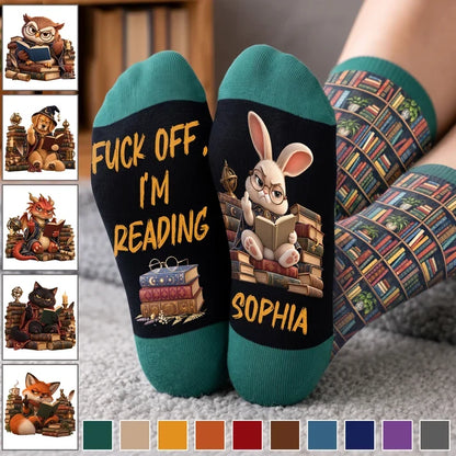 Personalized Crew Socks with Reading Bunny and Stacked Books, Teal Illustrated Design, Unique Gift for Book Lovers