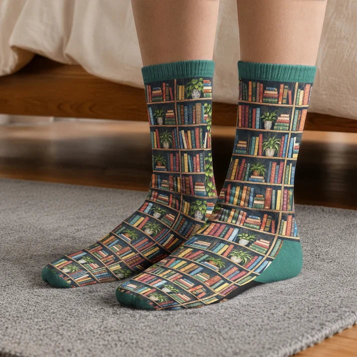 Personalized Crew Socks with Reading Bunny and Stacked Books, Teal Illustrated Design, Unique Gift for Book Lovers