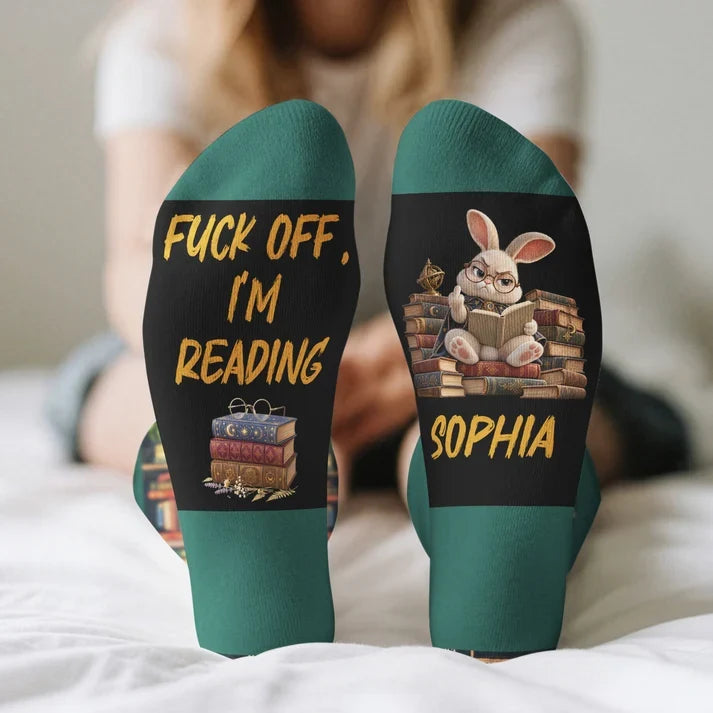 Personalized Crew Socks with Reading Bunny and Stacked Books, Teal Illustrated Design, Unique Gift for Book Lovers