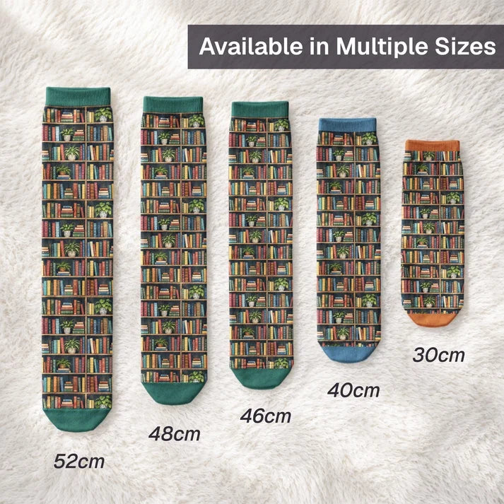Personalized Crew Socks with Reading Bunny and Stacked Books, Teal Illustrated Design, Unique Gift for Book Lovers