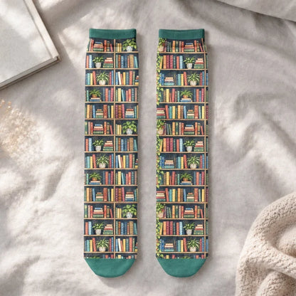Personalized Crew Socks with Reading Bunny and Stacked Books, Teal Illustrated Design, Unique Gift for Book Lovers