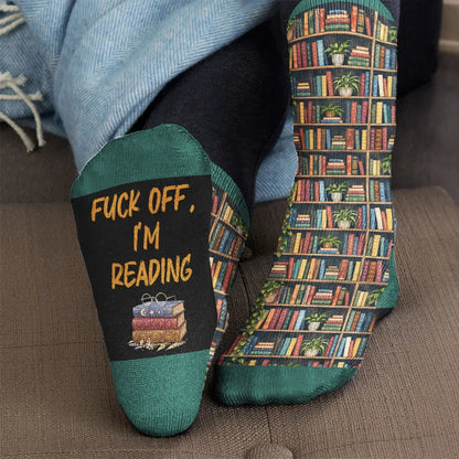 Personalized Crew Socks with Reading Bunny and Stacked Books, Teal Illustrated Design, Unique Gift for Book Lovers
