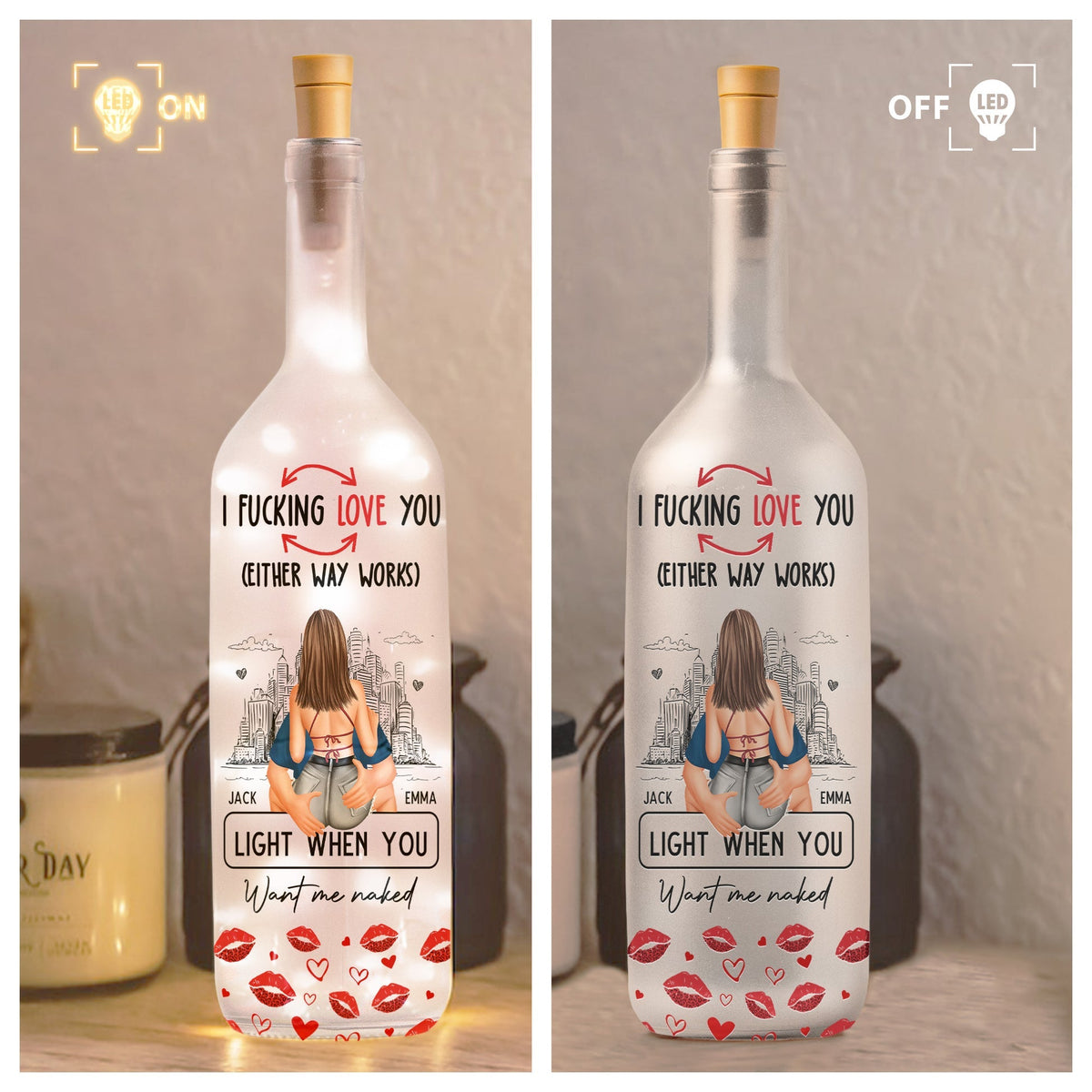 Bottle Lamp Romantic Back-Hug Couple City Sketch with Warm Glow, Personalized One-of-a-Kind Gift for Couples