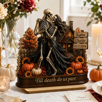 Personalized 2-Layer Wooden Plaque, Fall Skeleton Couple Scene, Unique Halloween Gift for Couple