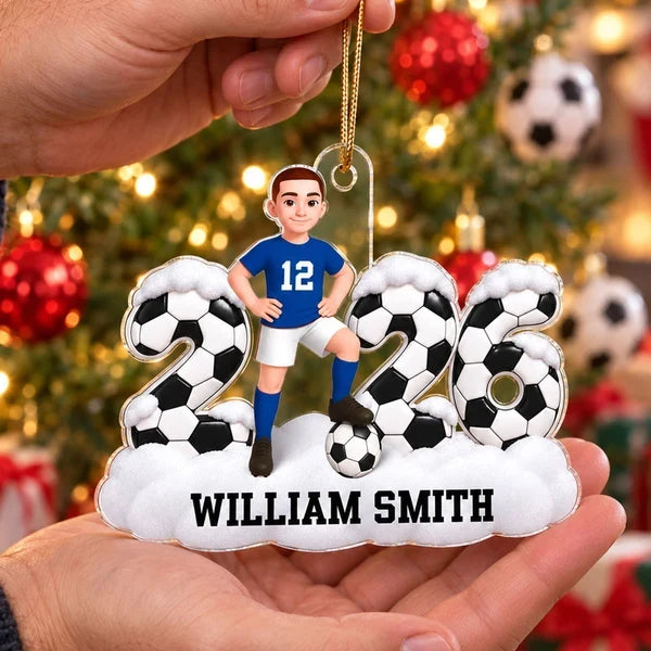 Personalized Acrylic Ornament, Cartoon Soccer Player Posing with Ball, Unique Christmas Gift for Son