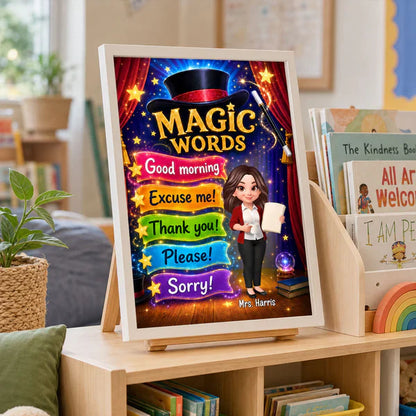 Personalized Magic Words Canvas, Standing Cartoon Teacher, Unique Gift for Classroom Decor