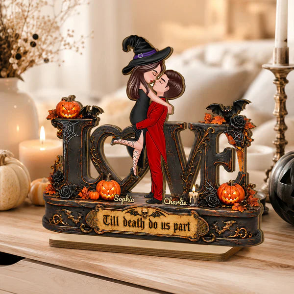 Personalized 2-Layer Wooden Plaque with Till Death Do Us Part Art, Creative Halloween Gift for Couples