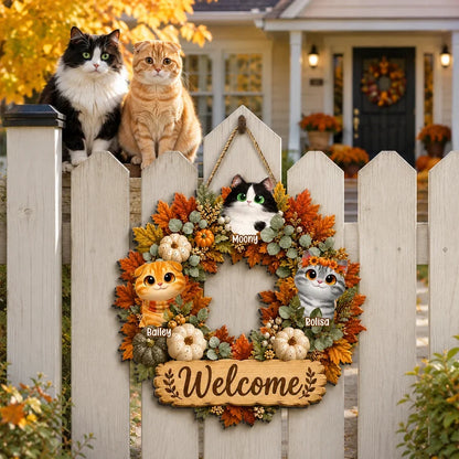 Welcome Home Personalized Wooden Sign, Cute Autumn Cat Wreath Decor, Creative Gift for Pet Owners