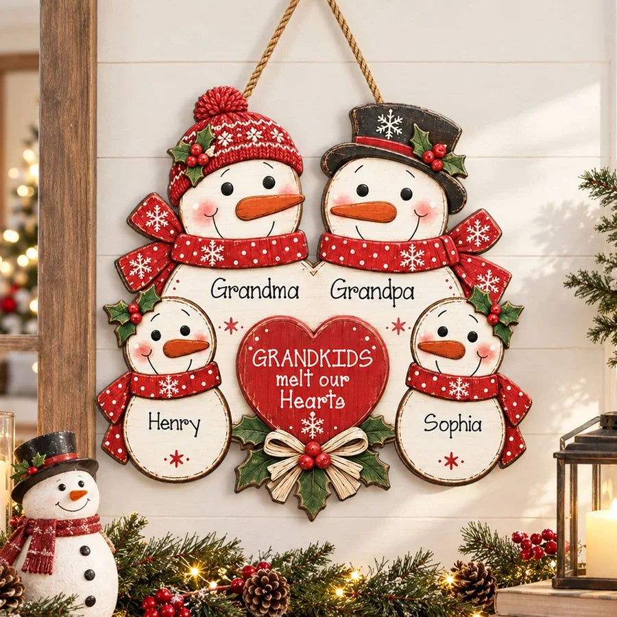 Personalized Wooden Sign, Gathered Snowman Family Christmas Door Decor, Unique Gift for Grandma & Grandpa