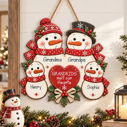 Personalized Wooden Sign, Gathered Snowman Family Christmas Door Decor, Unique Gift for Grandma & Grandpa