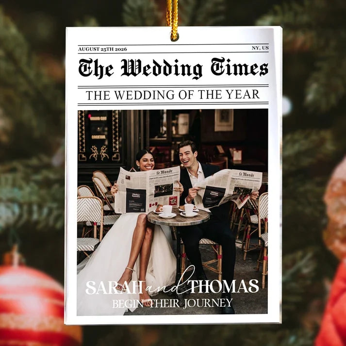 Personalized Acrylic Ornament, Newspaper-Style Newlyweds Reading at a Cafe, Unique Christmas Gift for Couples