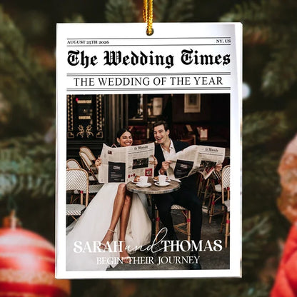 Personalized Acrylic Ornament, Newspaper-Style Newlyweds Reading at a Cafe, Unique Christmas Gift for Couples
