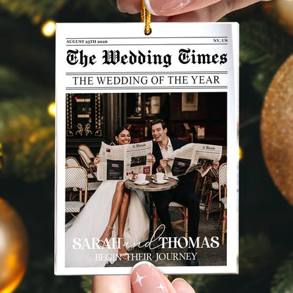 Personalized Acrylic Ornament, Newspaper-Style Newlyweds Reading at a Cafe, Unique Christmas Gift for Couples