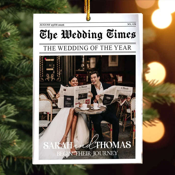 Personalized Acrylic Ornament, Newspaper-Style Newlyweds Reading at a Cafe, Unique Christmas Gift for Couples