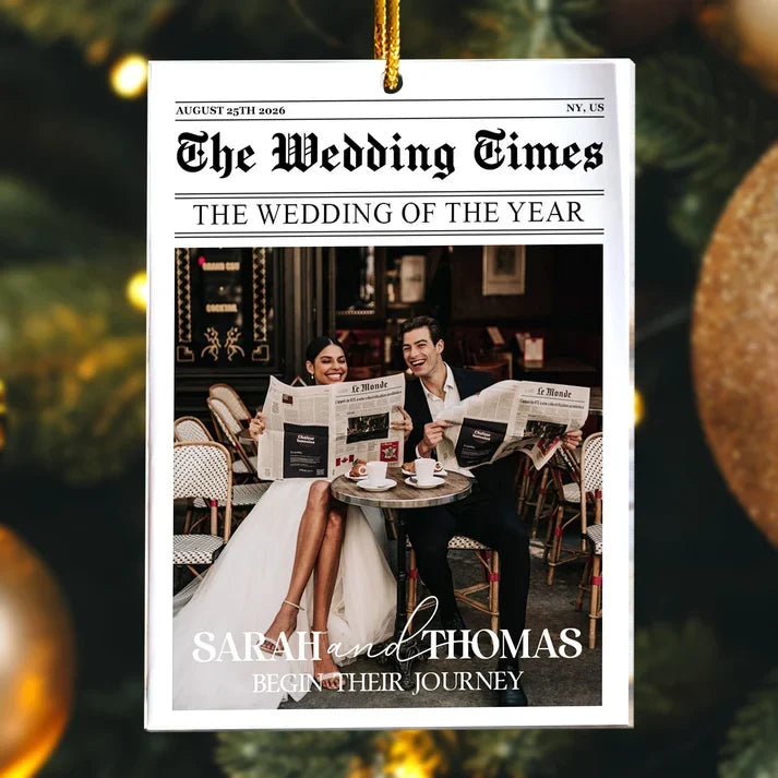 Personalized Acrylic Ornament, Newspaper-Style Newlyweds Reading at a Cafe, Unique Christmas Gift for Couples