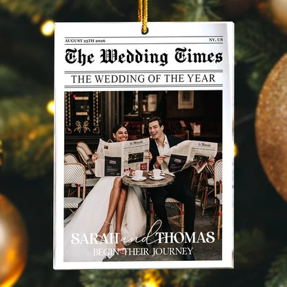 Personalized Acrylic Ornament, Newspaper-Style Newlyweds Reading at a Cafe, Unique Christmas Gift for Couples
