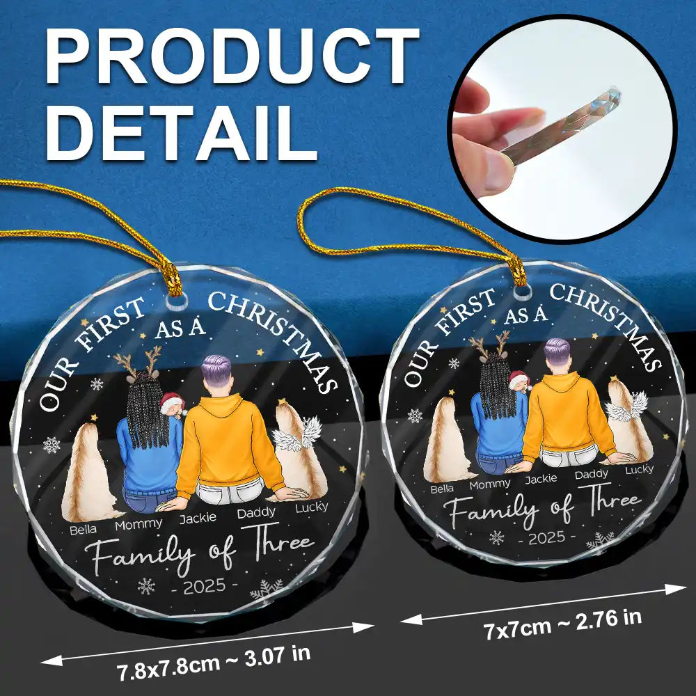 Family, Parents, New Baby - First Christmas As A Family Of Three New Parents - Personalized Circle Glass Ornament