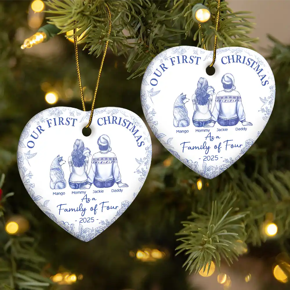 Christmas, Family, Dog Lovers, Cat Lovers, Pet Lovers, Parents, Happy, New Dad, New baby, New Mom - First Christmas As A Family Of Three New Parents Toile - Personalized Heart Ceramic Ornament