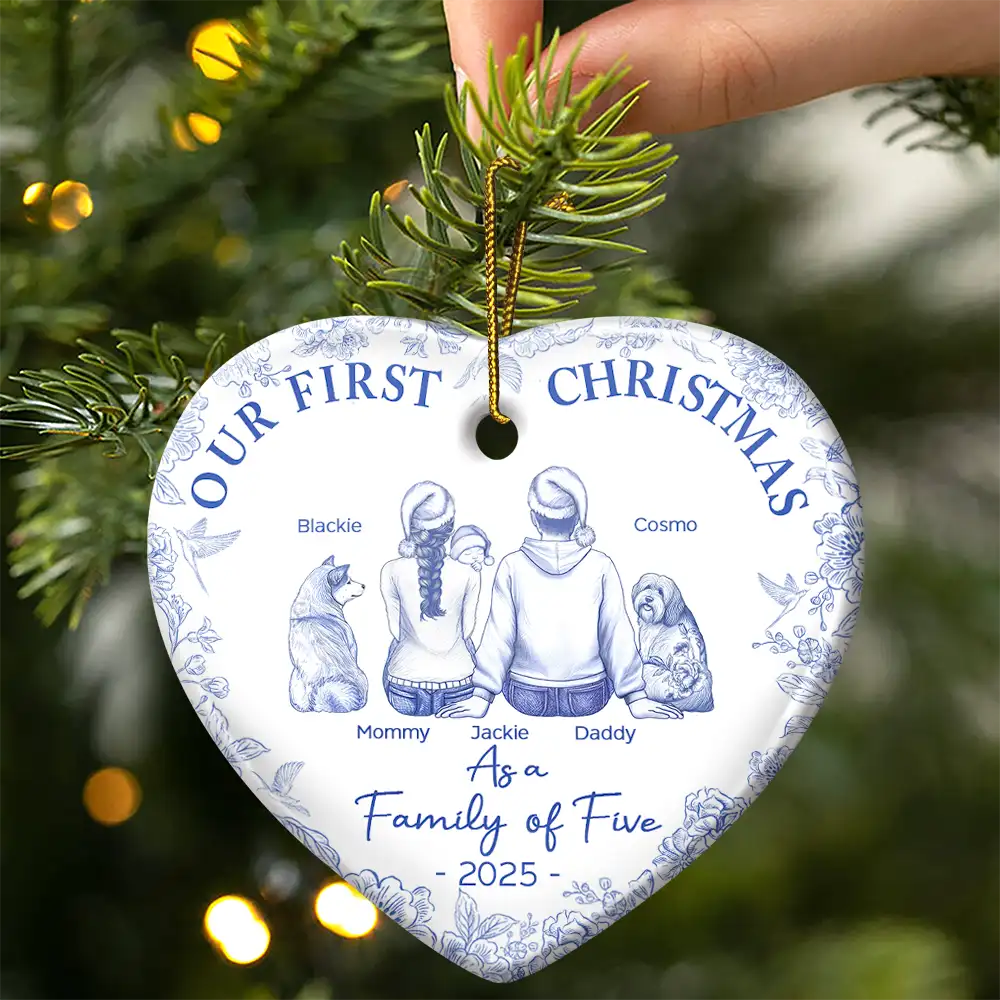 Christmas, Family, Dog Lovers, Cat Lovers, Pet Lovers, Parents, Happy, New Dad, New baby, New Mom - First Christmas As A Family Of Three New Parents Toile - Personalized Heart Ceramic Ornament
