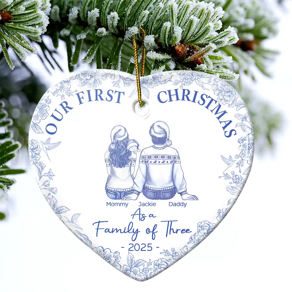 Christmas, Family, Dog Lovers, Cat Lovers, Pet Lovers, Parents, Happy, New Dad, New baby, New Mom - First Christmas As A Family Of Three New Parents Toile - Personalized Heart Ceramic Ornament