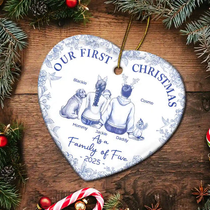 Christmas, Family, Dog Lovers, Cat Lovers, Pet Lovers, Parents, Happy, New Dad, New baby, New Mom - First Christmas As A Family Of Three New Parents Toile - Personalized Heart Ceramic Ornament