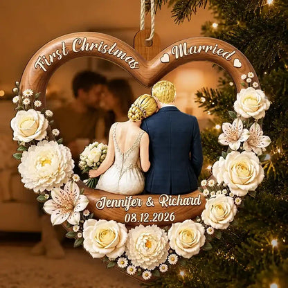 First Christmas Married Wooden Ornament, Seated Bride & Groom From Behind by a Glowing Tree, Creative Gift for Newlyweds