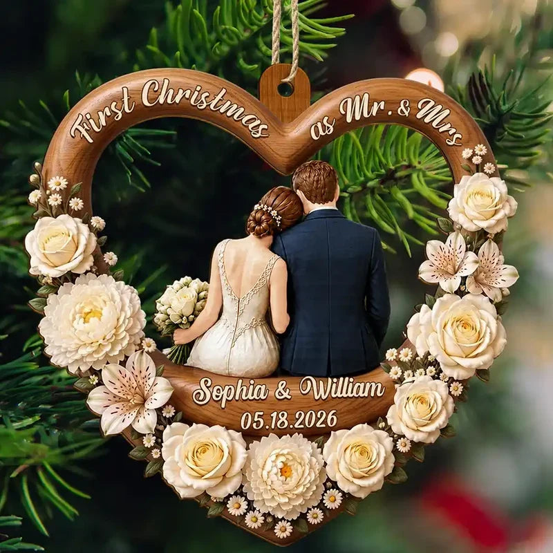 First Christmas Married Wooden Ornament, Seated Bride & Groom From Behind by a Glowing Tree, Creative Gift for Newlyweds