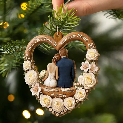 First Christmas Married Wooden Ornament, Seated Bride & Groom From Behind by a Glowing Tree, Creative Gift for Newlyweds