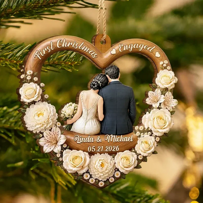First Christmas Married Wooden Ornament, Seated Bride & Groom From Behind by a Glowing Tree, Creative Gift for Newlyweds